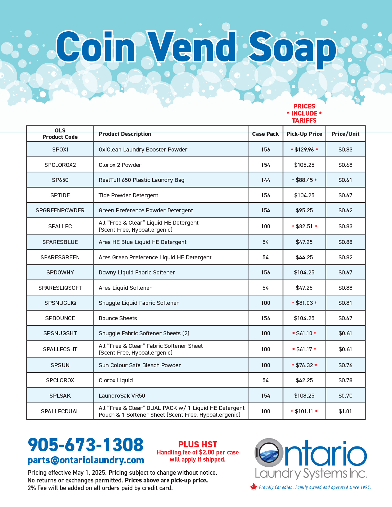 Coin Vend Soap Price Sheet